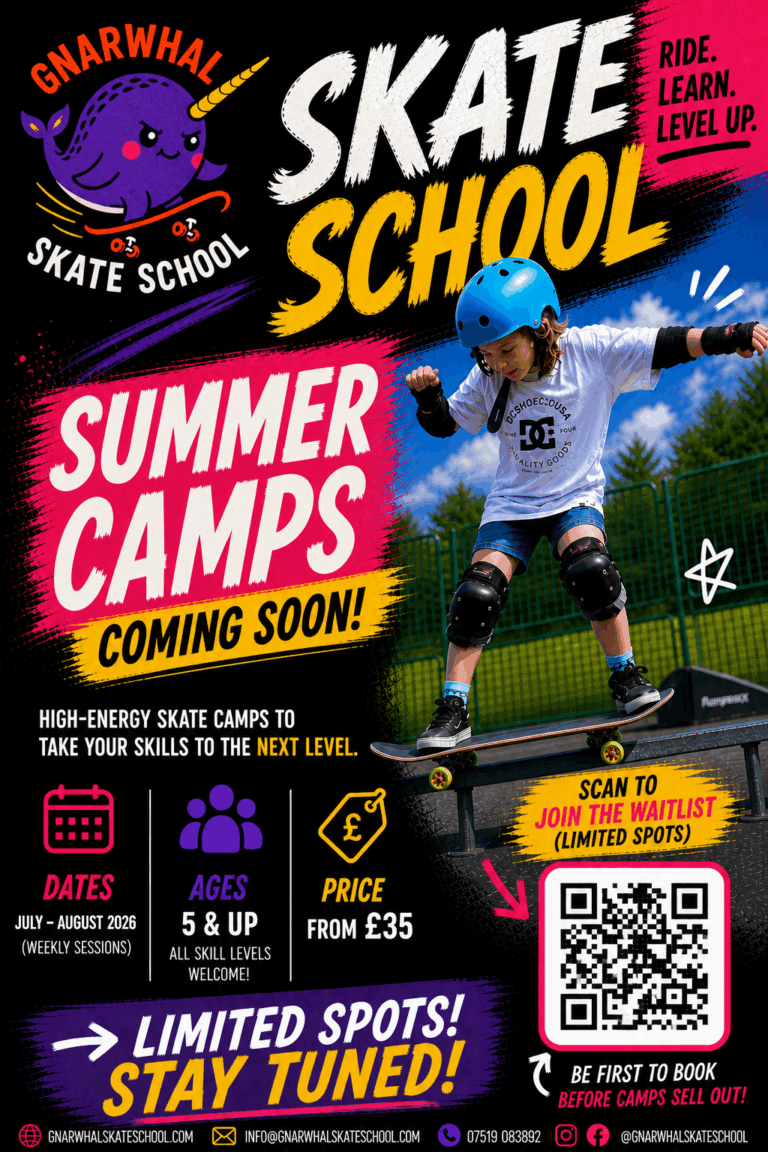 Bright promotional flyer for Gnarwhal Skate School summer camps featuring a young skateboarder, bold neon graphics, QR code waitlist signup, ages 5 and up, and summer 2026 camp announcement.